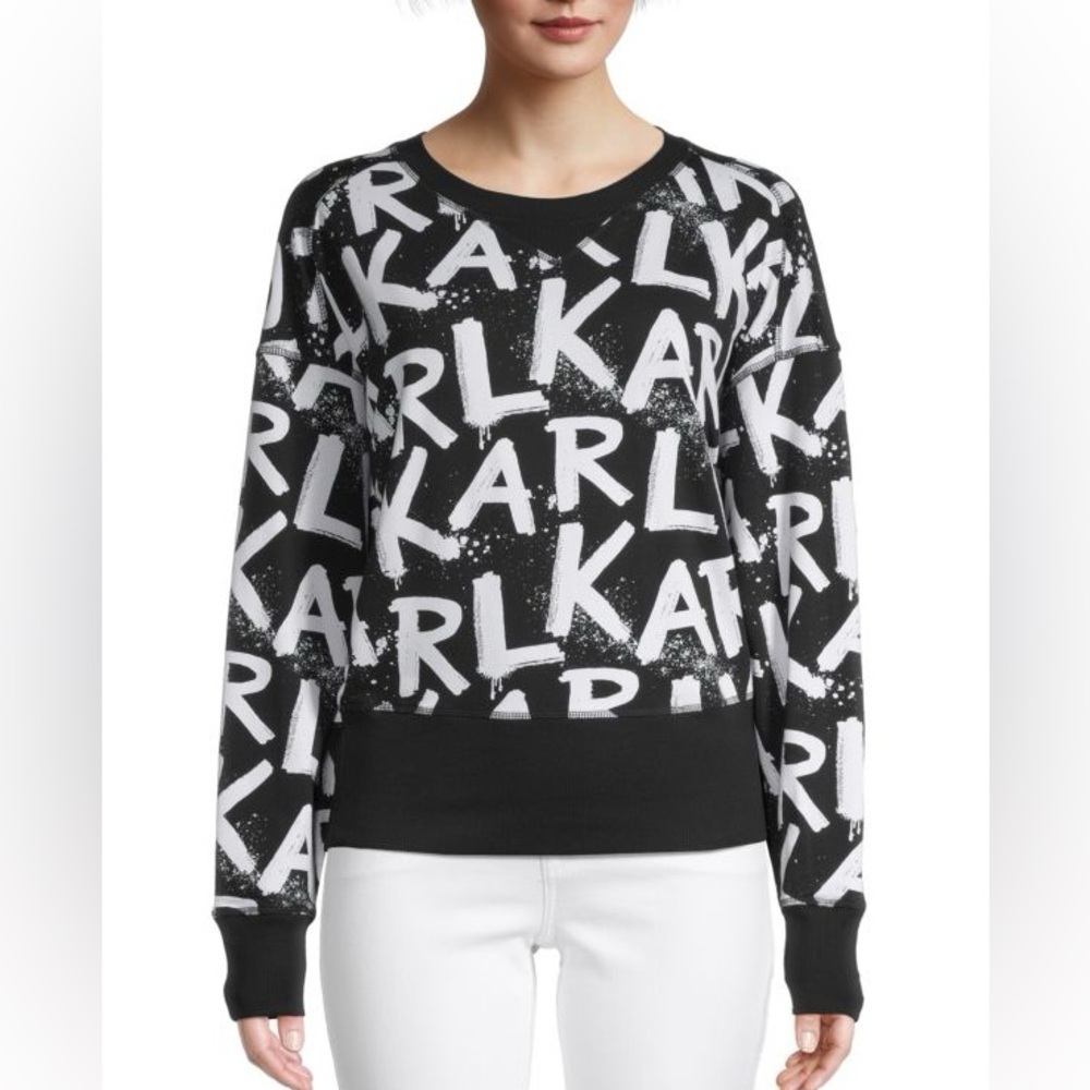Karl Lagerfeld paris graffiti pullover ribbed round neck in black/white size xs - Picture 8 of 8